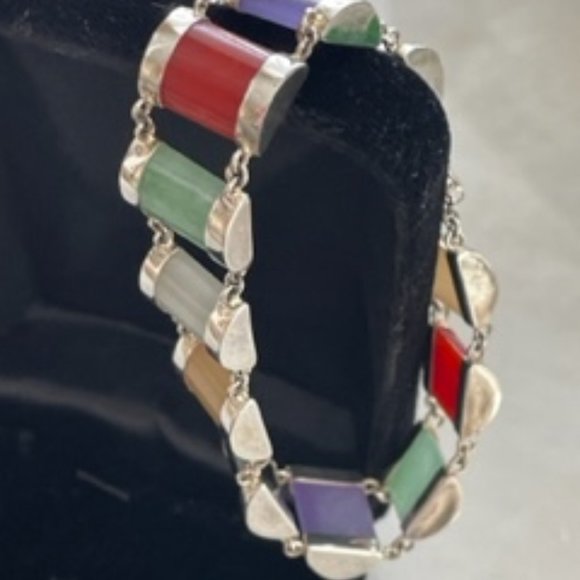 Vintage 1980" bracelet-Sterling silver and Jade gem stones - Picture 2 of 8